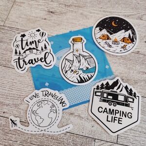 5pc Monochrome Camping Sticker Bundle - Travel Theme, RV Life & Nature Scene